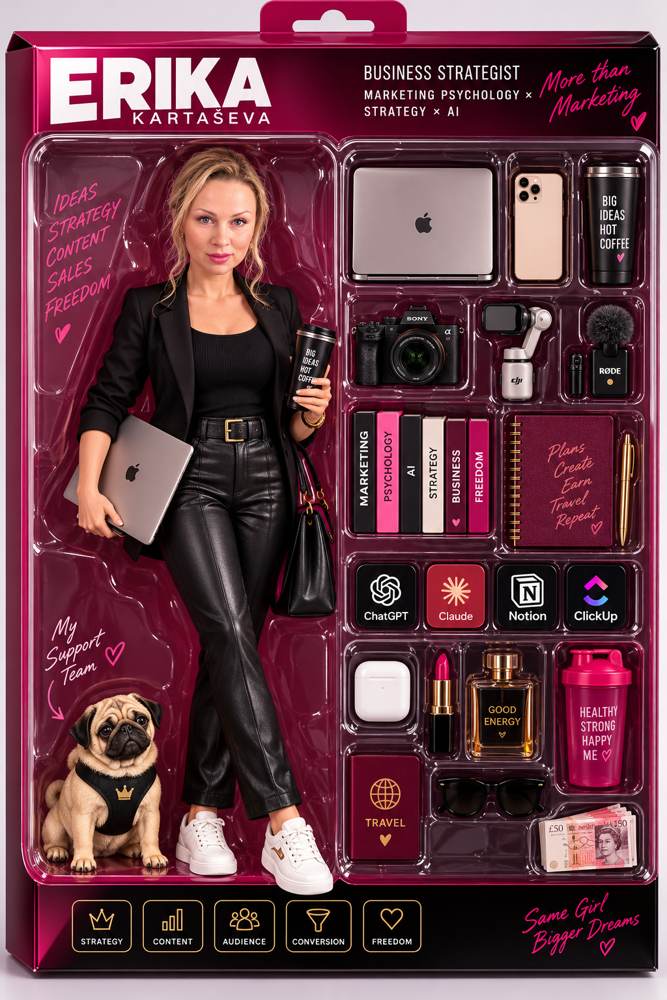 Erika kaip kolekcinė figūrėlė dėžutėje su kompiuteriu, fotoaparatu, knygomis ir šuniuku