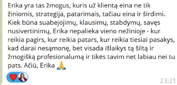 Klientės atsiliepimas apie darbą su Erika Karta