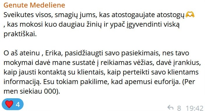 Klientės atsiliepimas apie darbą su Erika Karta